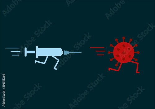 A syringe with a vaccine is chasing the coronavirus. Medical concept