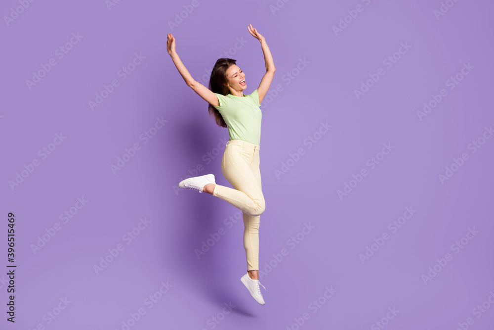 Full length body size view of her she nice-looking attractive lovely slender cheerful cheery girl jumping dancing enjoying rest party isolated bright vivid shine vibrant lilac violet color background