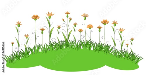 Blooming meadow with grass and flowers. Cartoon just style. Isolated on white background. Romantic fabulous illustration. Vector