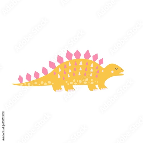 Cute yellow stegosaurus in childish style. Funny dinosaur print