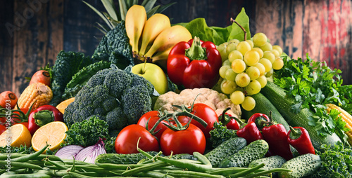 Composition with variety of raw organic vegetables and fruits