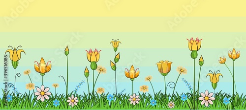 Blooming meadow with grass and flowers. Sky. Scenery. Cartoon just style. Romantic fabulous illustration. Beautiful natural view. Wild plant nature. Rural scene. Vector
