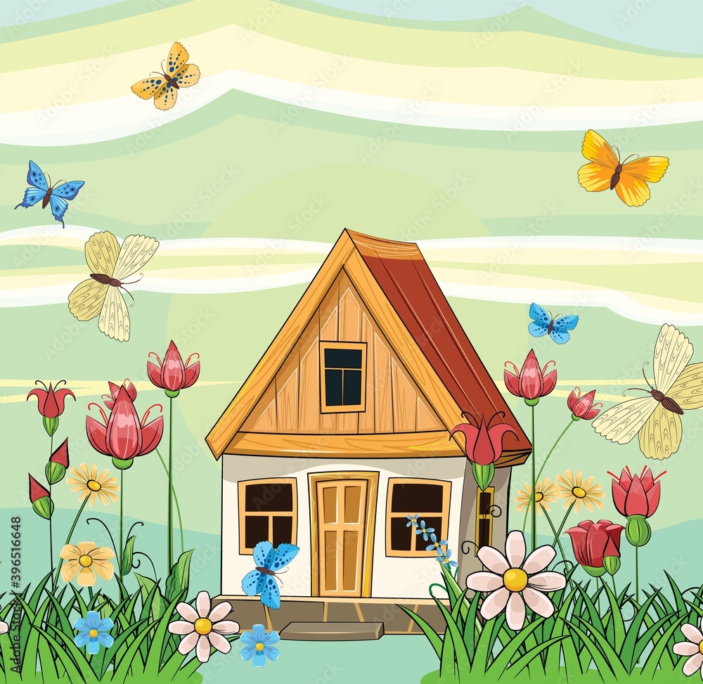 Old village house. Fabulous cartoon object. Cute childish style. Ancient  dwelling. Tiny, small. Against the background of a landscape with  butterflies. Vector Stock Vector | Adobe Stock