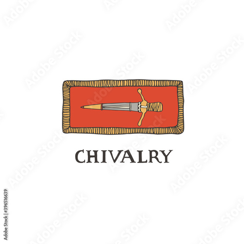 Medieval knight sword and hand drawn lettering in decorative frame. Coat of arms heraldic equipment. Crusaders templar armour vector illustration in line art style. Chivalry and knighthood concept