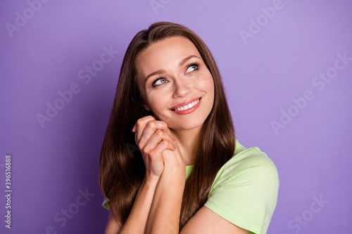 Close-up portrait of her she nice-looking attractive lovely cute dreamy feminine cheerful girl expecting good news imagination isolated over bright vivid shine vibrant lilac violet color background