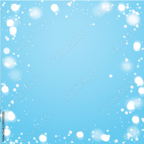 New Year and Christmas design template. Winter blue background with snowflakes and white lights. Vector illustration 