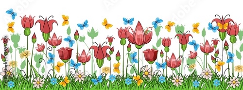 Blooming meadow with grass and flowers. Scenery. Cartoon style. Romantic fabulous illustration. Isolated on white background. Beautiful natural view. Wild plant nature. Rural scene. Vector