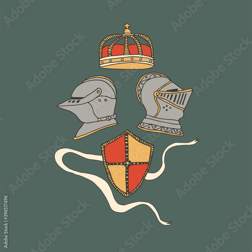 Medieval knight helmets, shield and crown. Coat of arms heraldic equipment. Crusaders templar armour vector illustration in line art style. Chivalry concept