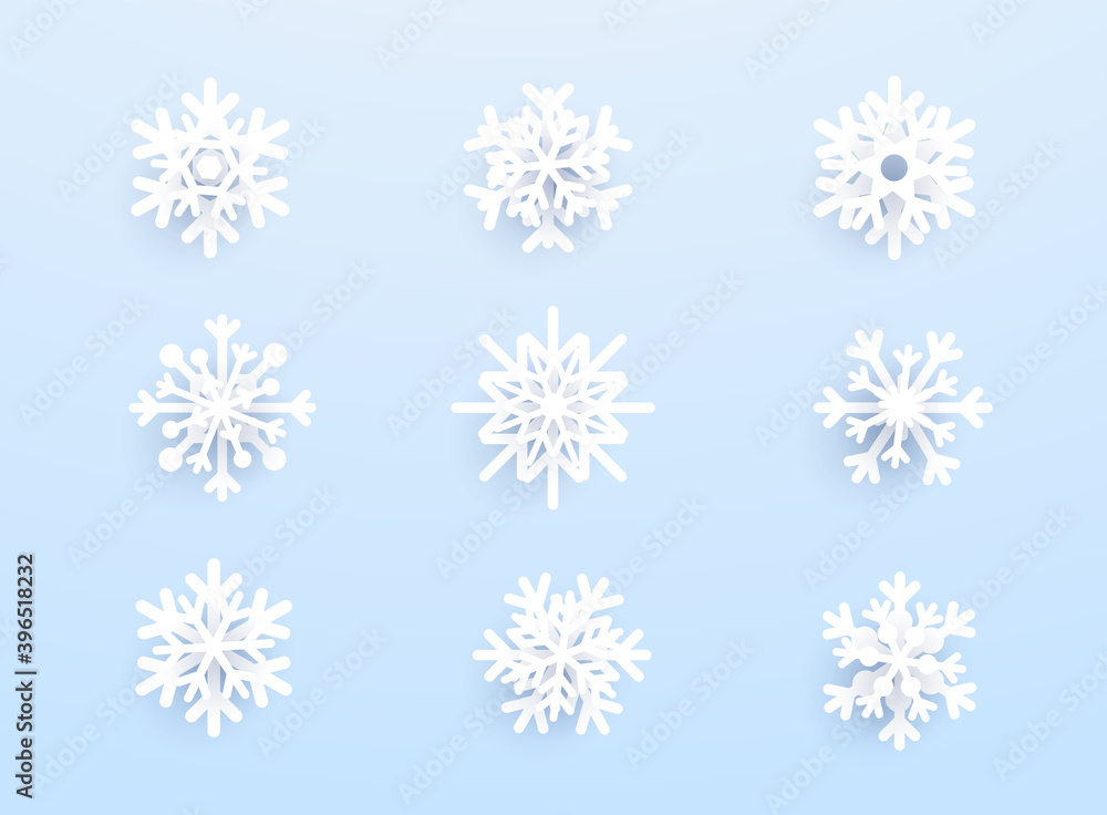 Snowflakes with shadow on blue background. Vector set of white Christmas paper cut 3d snowflakes. Snowflakes with shadow on blue background. Vector set of white Christmas paper cut 3d snowflakes.