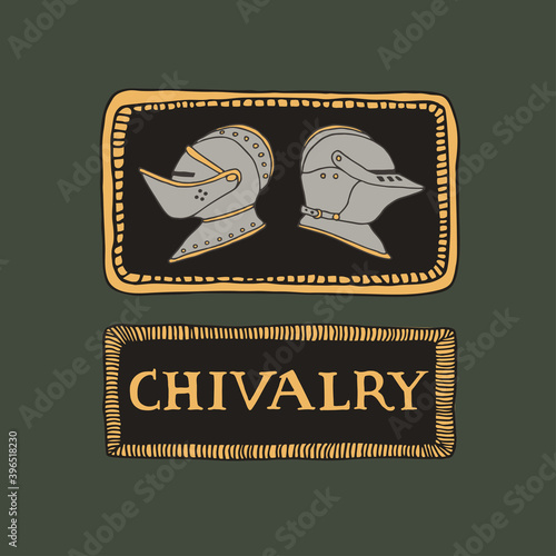 Medieval knight helmets and hand drawn lettering in decorative frames. Coat of arms heraldic equipment. Crusaders templar armour vector illustration in line art style. Chivalry and knighthood concept