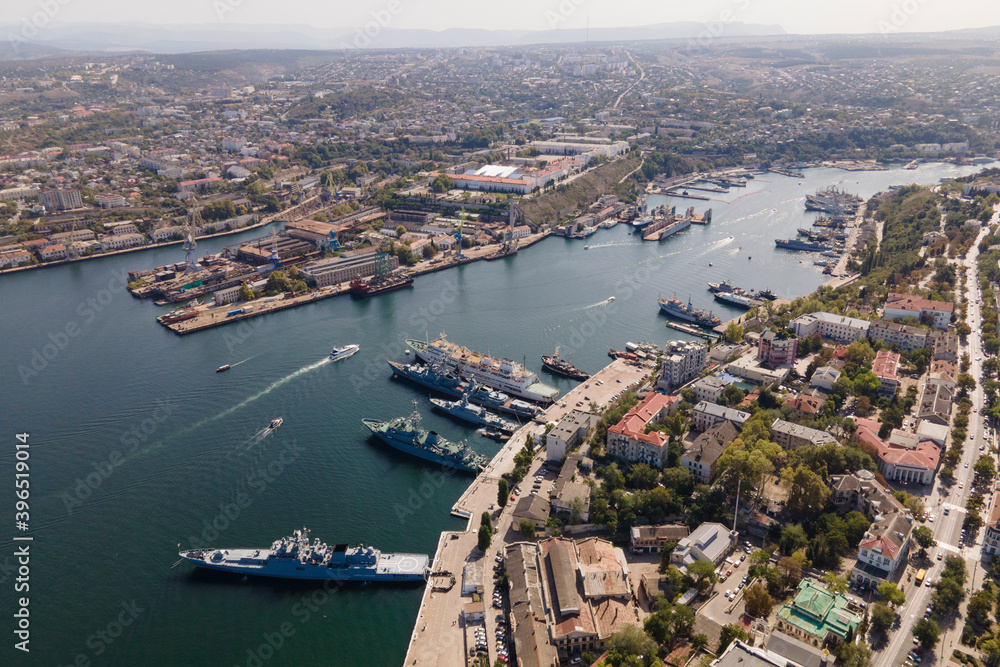 Aerial panorama view of Sevastopol city in summer day, city near the sea and navy of russia