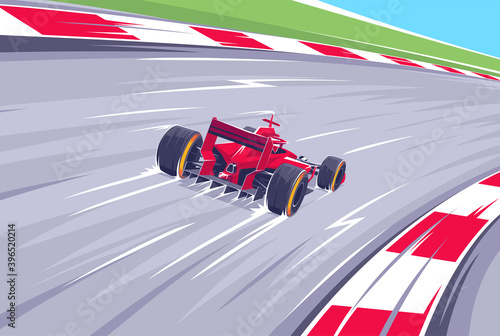 Racing at high speeds F1. Queen's races. A fast car enters the turn. Speed racing tournament. Superelevation at high speed. The desire for victory. Vector illustration