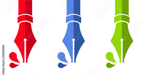 A set of colored fountain pens. Red, blue, and green fountain pen icons. Vector illustration. flat style