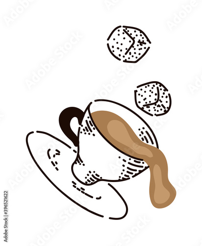 Falling cup of coffee with sugar cube on white background