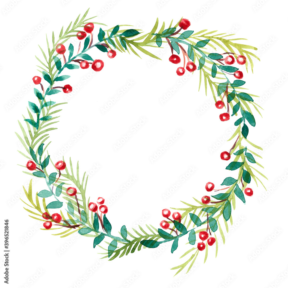 Watercolor Christmas wreath with berries Watercolor Christmas wreath with berries