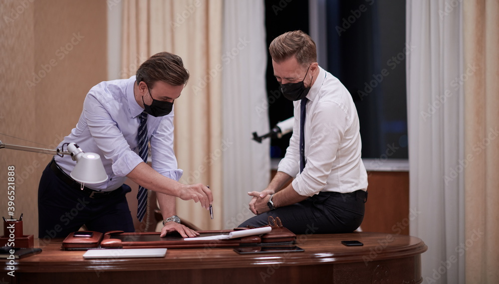 business people wearing crona virus protection face mask on meeting business people wearing crona virus protection face mask on meeting