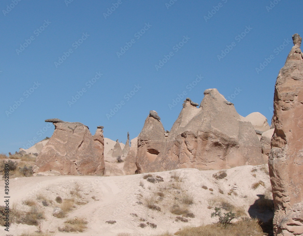 Panorama of rocks of volcanic origin in the form of carnivorous desert birds that look closely from above in search of food.