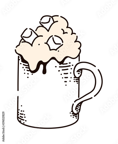 Coffee with marshmallow sketch isolated on white background