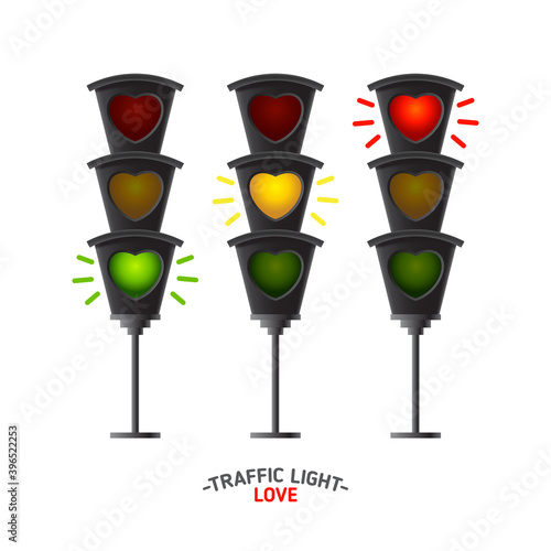 Traffic lights with heart shaped signals on a white background. Vector, illustration