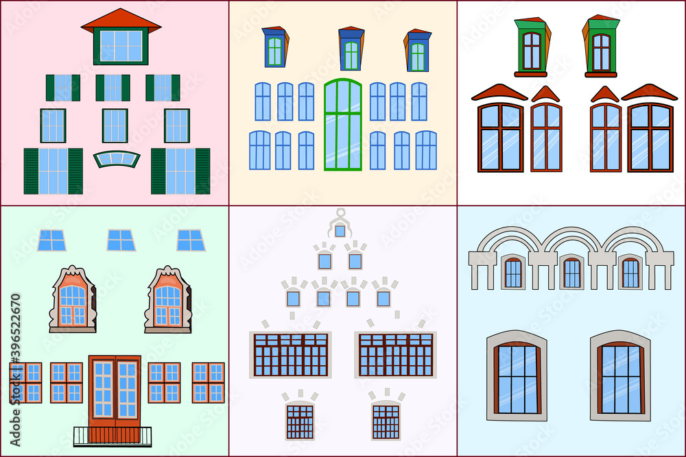 Set of different windows isolated on color background. Collection of detailed various forms colorful windows types. Flat front home and buildings exterior. Window care design.Stock vector illustration