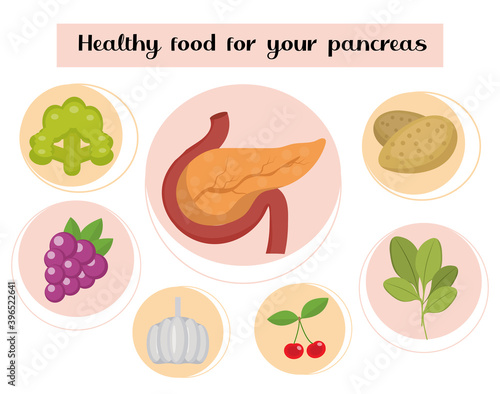 Healthy food for your pancreas. Concept of food and vitamins, medicine, prevention of pancreatic diseases. Vector illustration