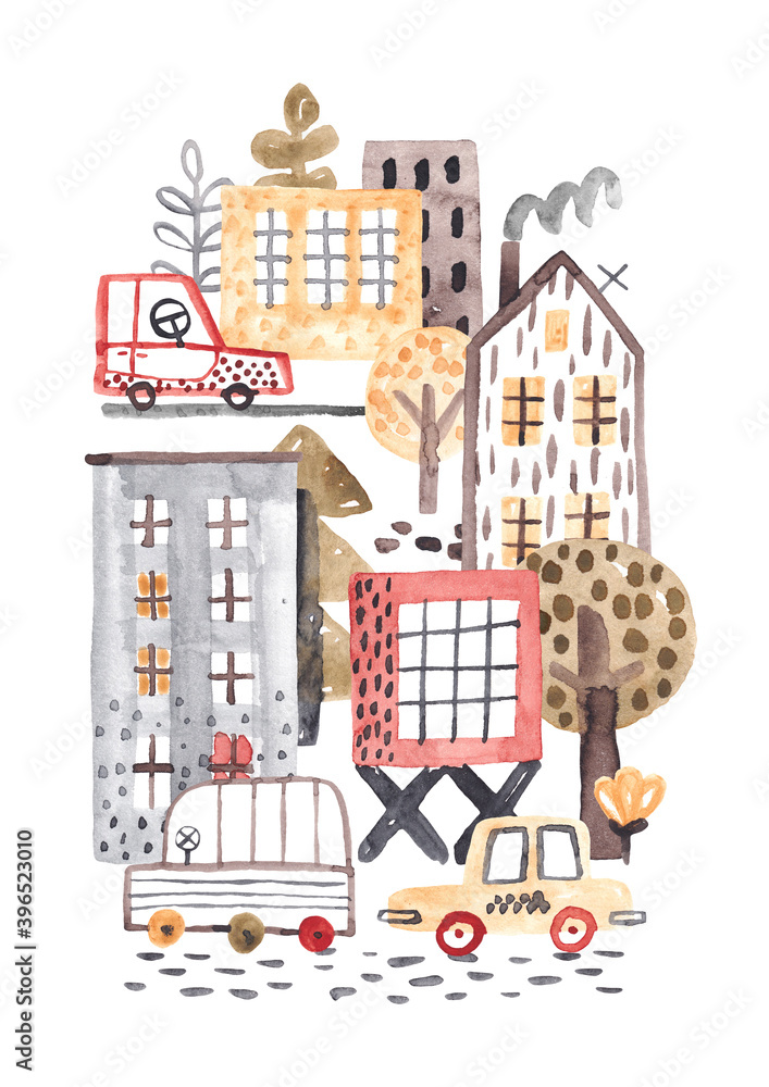 Watercolor illustration. Cute cityscape with houses, cars and trees.