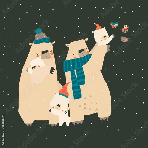 Cute cartoon bears family hugging their cubs