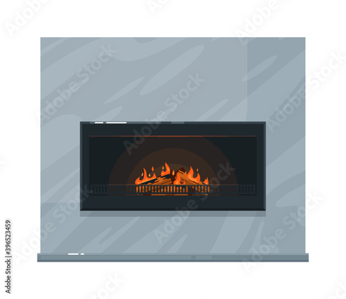 Heating home marble fireplace with burning firewood inside