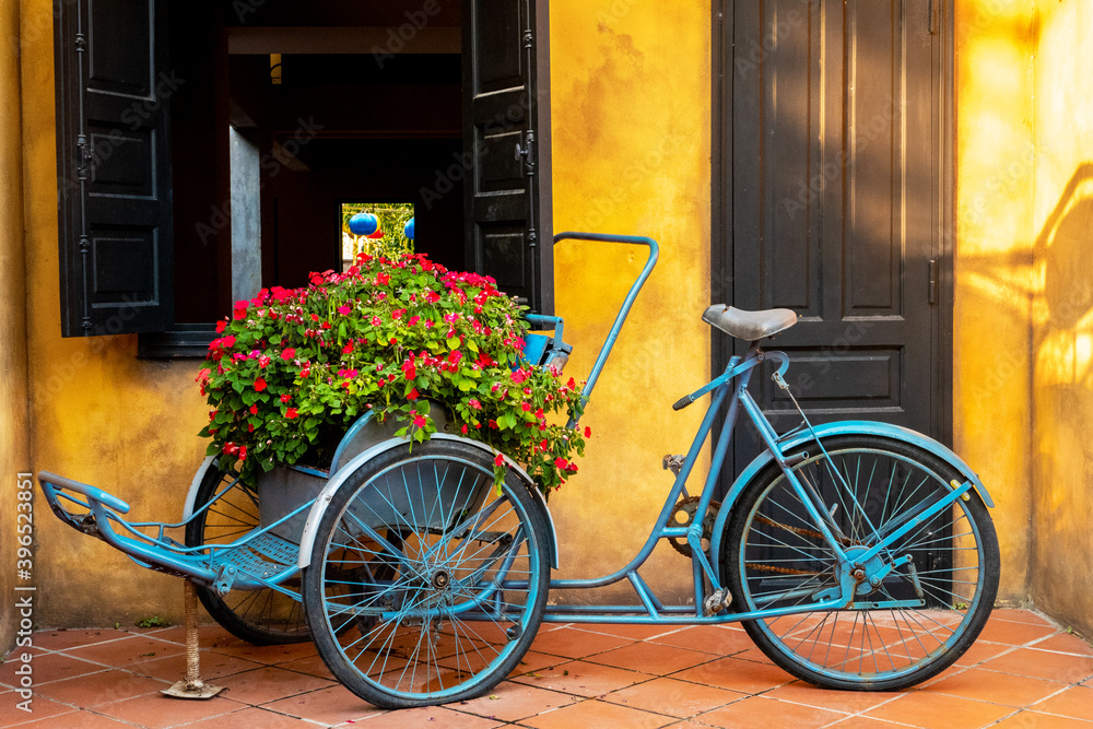 Decorative blue vintage bicycle decorated with flower pots on the street of city