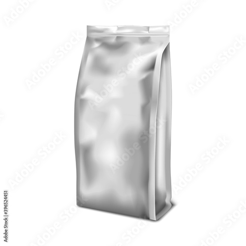 Blank foil gusseted bag, vector mockup. Crumpled vacuum stand up pouch isolated on white background, mock-up. Food packaging, realistic template