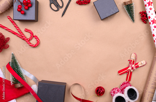 Packing Christmas gifts, Christmas accessories view from above, copy space