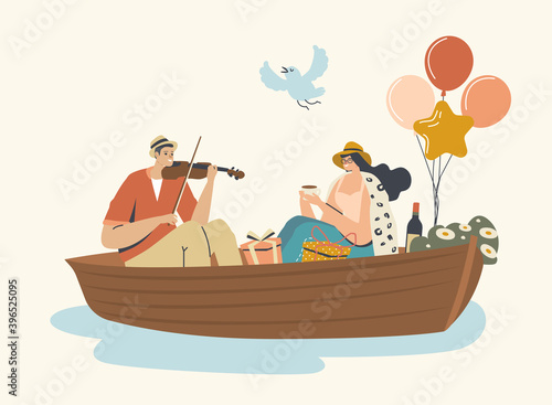 Young Happy Couple Man and Woman Floating Boat at Water Surface. Male Character Playing Violin, Female Drinking Tea