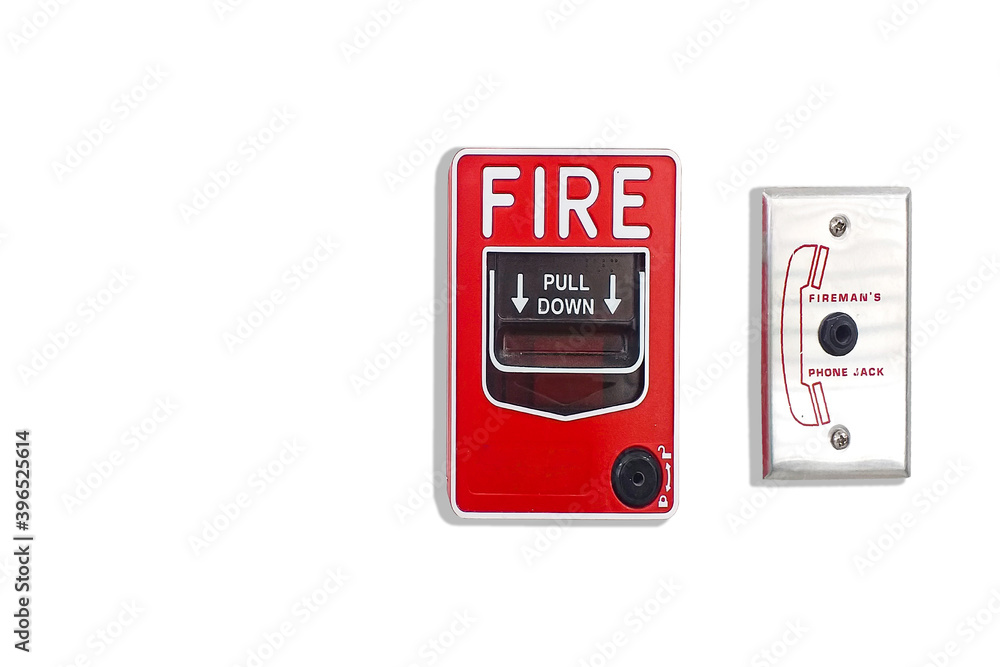 Manual pull fire alarm switch safety system box installed and fire extinguisher on white wall background. Manual pull fire alarm switch safety system box installed and fire extinguisher on white wall background.