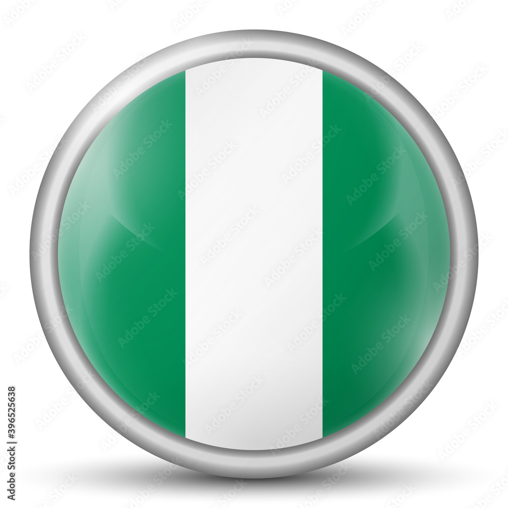 Glass light ball with flag of Nigeria. Round sphere, template icon. Nigerian national symbol. Glossy realistic ball, 3D abstract vector illustration highlighted on a white background. Big bubble. Glass light ball with flag of Nigeria. Round sphere, template icon. Nigerian national symbol. Glossy realistic ball, 3D abstract vector illustration highlighted on a white background. Big bubble.