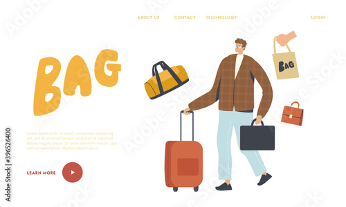 Man Travel with Suitcase Landing Page Template. Male Character with Briefcase and Luggage in Hands. Businessman Trip