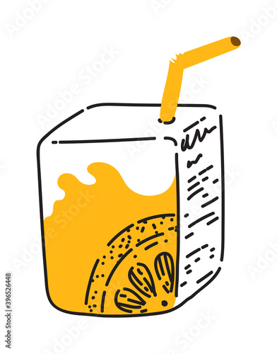 Orange juice pack with straw small portion isolated on white