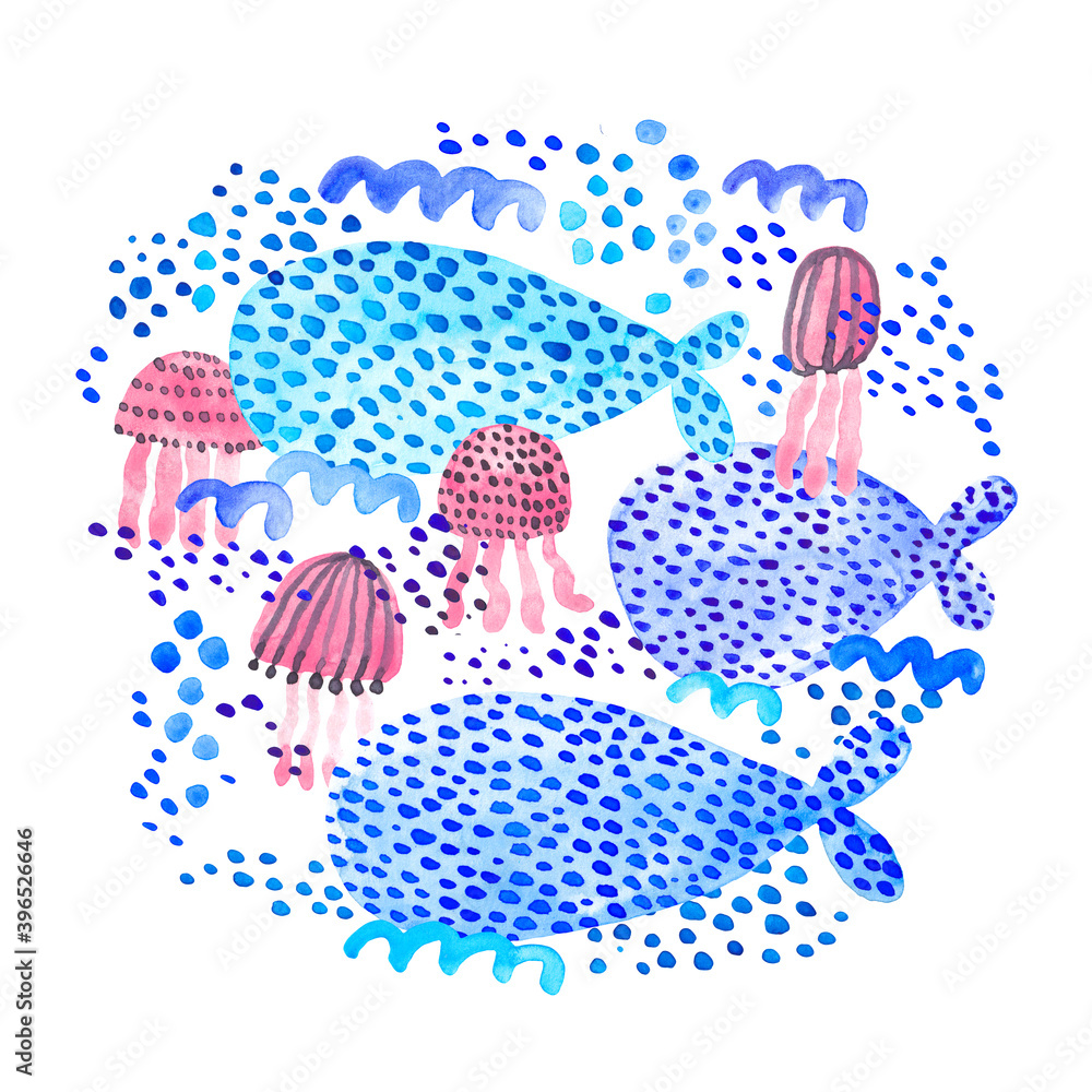 Cute whales with jellyfish underwater. Watercolor illustration.