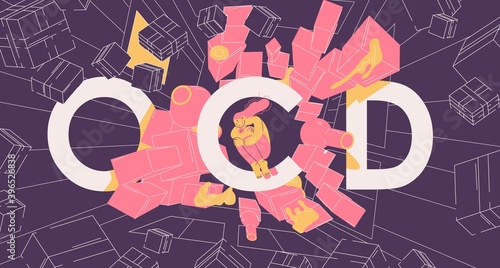 Obsessive compulsive disorder concept illustration with woman suffering from OCD collecting things and boxes. Vector interior with useless stuff drawn with lines and large letters
