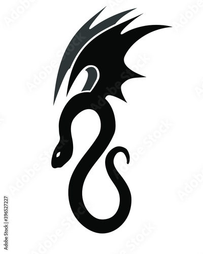 Dragon, winged serpent. Black silhouette drawn on a white background. Isolated vector. Tattoo, creative logo for a company, emblem for the design of clothes, dishes, paper, cards, books