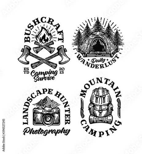 Vintage camp logo bundle, mountain badges set. Hand drawn labels designs. Travel expedition, canoe, wanderlust and hiking. Outdoor emblems. Logotypes collection. Stock vector isolated on white