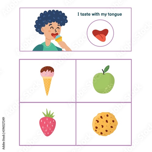 Five senses poster. Taste sense presentation page for kids