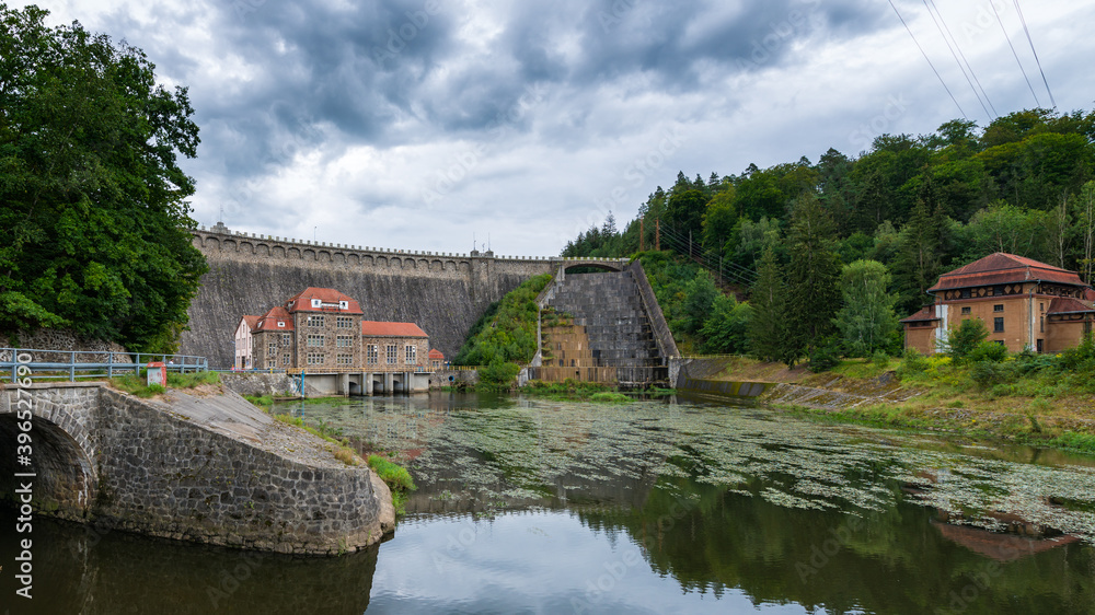 Dam on Bobr river and hydroelectric water power station in Pilchowice near Jelenia Gora in Poland