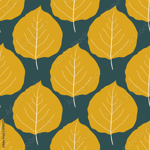 Gold aspen leaf seamless vector pattern background. Beautiful hand drawn leaves in fall colors on dark sea green backdrop. Botanical foliage design. All over print for fall concept and cosy home