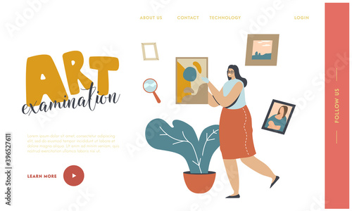 Art Expertise Landing Page Template. Museum Expert Character Carry Picture, Exhibit Showpiece Professional Examination