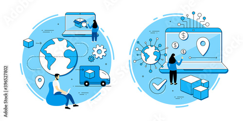 Logistics operations, Supply delivery service vector icons set. Online export control, business transportation, goods transfer. Online shipping, supply transit, delivery box location. Metaphor icons.