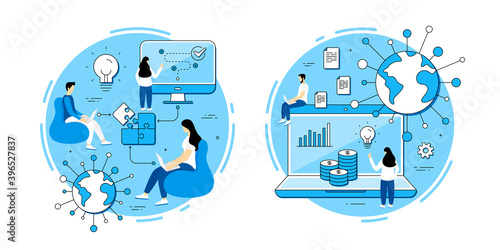 Online ecommerce vector icons set. Business strategy, Problem solving, Startup teamwork. Online document, business idea, ecommerce strategy. Web marketing, employees remote work. Metaphor icons.