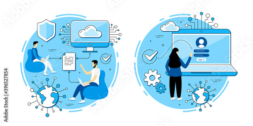 Document sharing, login page vector icons set. Social network access, data transfer, online teamwork. File sharing, private network account, cloud document. Team employee remote work. Metaphor icons.