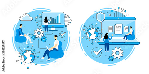Teamwork employee vector icons set. Remote work, online document, working team partnership. Employee assistance, problem solving, colleagues remote teamwork. Document sharing. Metaphor icons.