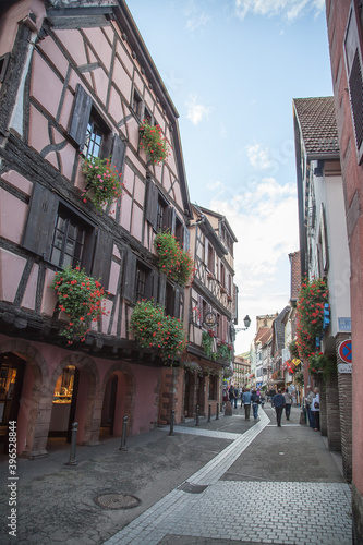 A colourful street in the town of Ribeauville  Alsace  France .