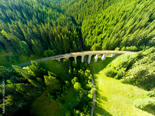 Aerial shot of Chmarossky railway viaduct, Telgart, Slovakia from Drone